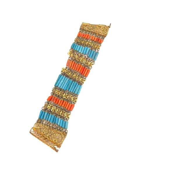 Egyptian Revival Antique Faience Coral and Turquoise Bracelets Art Deco, Estate - Picture 7 of 11